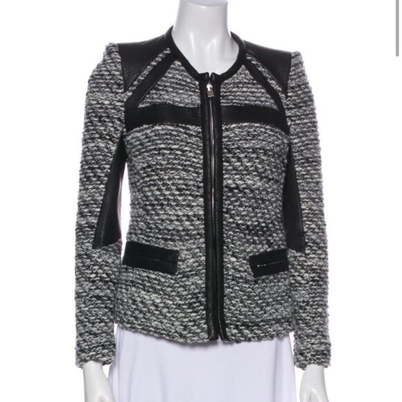 IRO Womens Izzy Boucle Jacket Black White Tweed Lamb Leather Size FR 38 US 6 - Picture 2 of 5